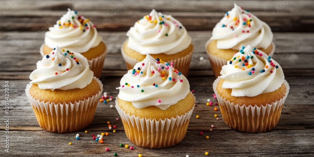 Poster gourmet cupcakes adorned with white buttercream frosting and colorful sprinkles set on a rustic wood