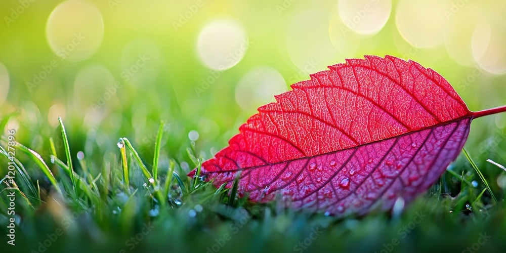 Poster Close up of a red leaf resting on grass, showcasing the vivid color and texture of the red leaf against the blurred green background. This red leaf creates an eye catching focal point in nature.