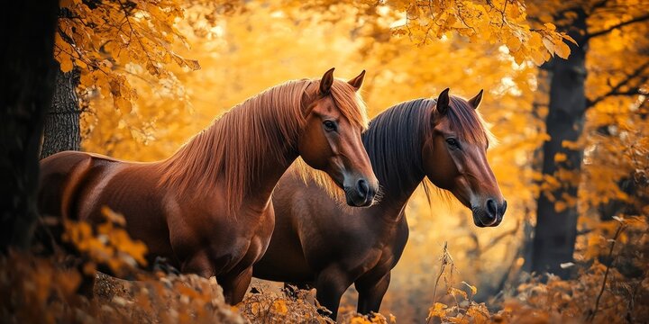 Brown horses with long manes stand gracefully against the backdrop of a vibrant yellow autumn forest, showcasing the beauty of nature and the elegance of brown horses.