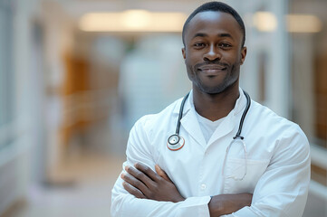 Fototapeta premium Smiling male black skin doctor in white professional clothes standing with arms folded on chest, blurred white hospital corridor on background.