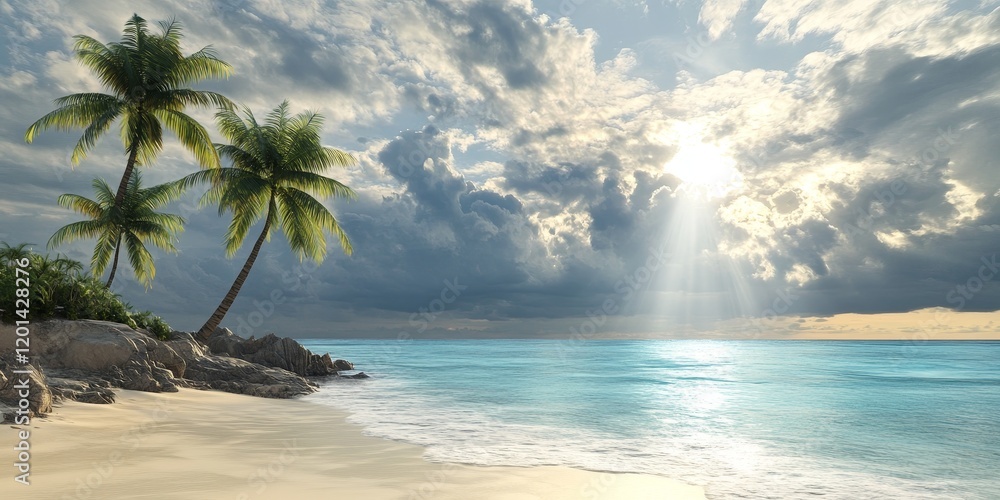 Poster tropical scene featuring a sunny atmosphere with a cloudy, grey sky creating a striking contrast in 