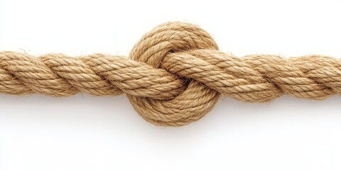 Fototapeta premium Jute rope featuring a knot or loop displayed against a white background, emphasizing the distinctive texture and versatility of jute in various applications. Jute rope serves multiple uses creatively.