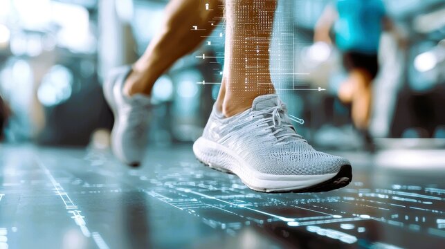 Runner in high tech shoes on digital track, showcasing speed and innovation