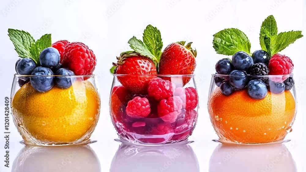 Poster vibrant bowls of assorted fruits including berries and citrus are captured mid-splash, creating a dy