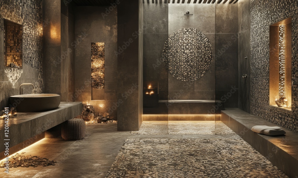 Poster a captivating layout of patterned tiles, emitting a sparkling glow under warm ambient lighting, crea