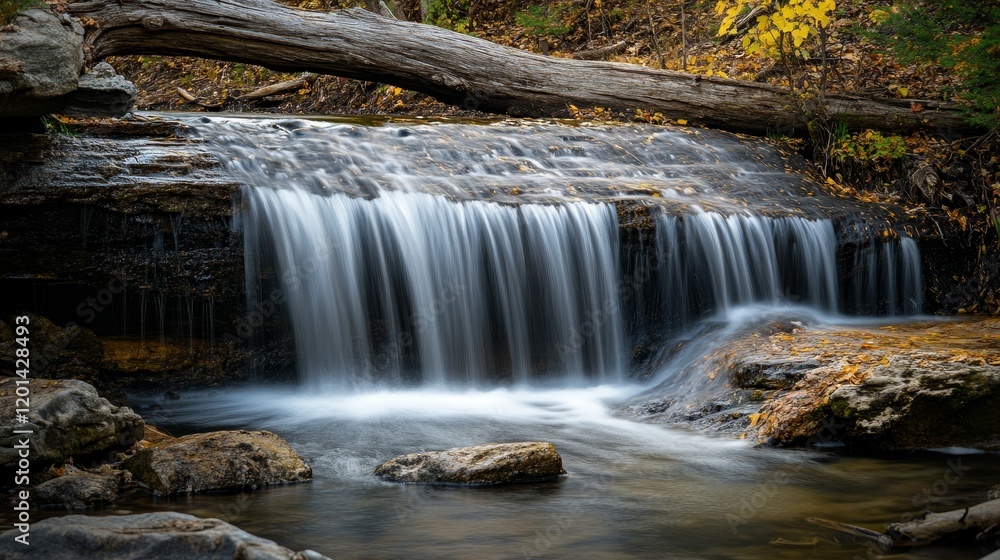 Poster majestic waterfall flowing gracefully, surrounded by fallen logs creating a serene and natural atmos