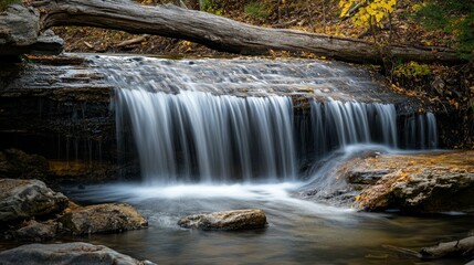Majestic waterfall flowing gracefully, surrounded by fallen logs creating a serene and natural atmosphere, showcasing the beauty of flowing water in a tranquil setting with captivating views.