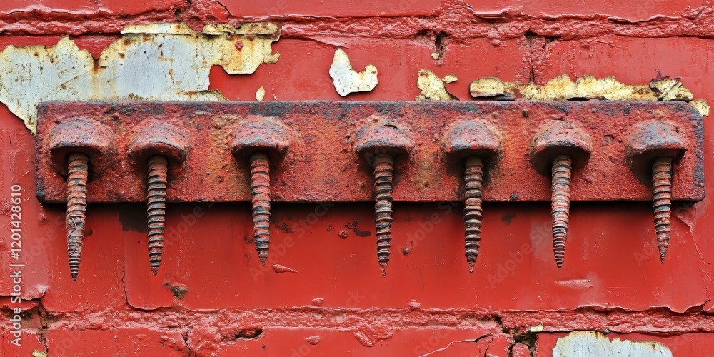 Poster a weathered red brick wall adorned with corroded nails displays a gritty texture and evokes a sense 