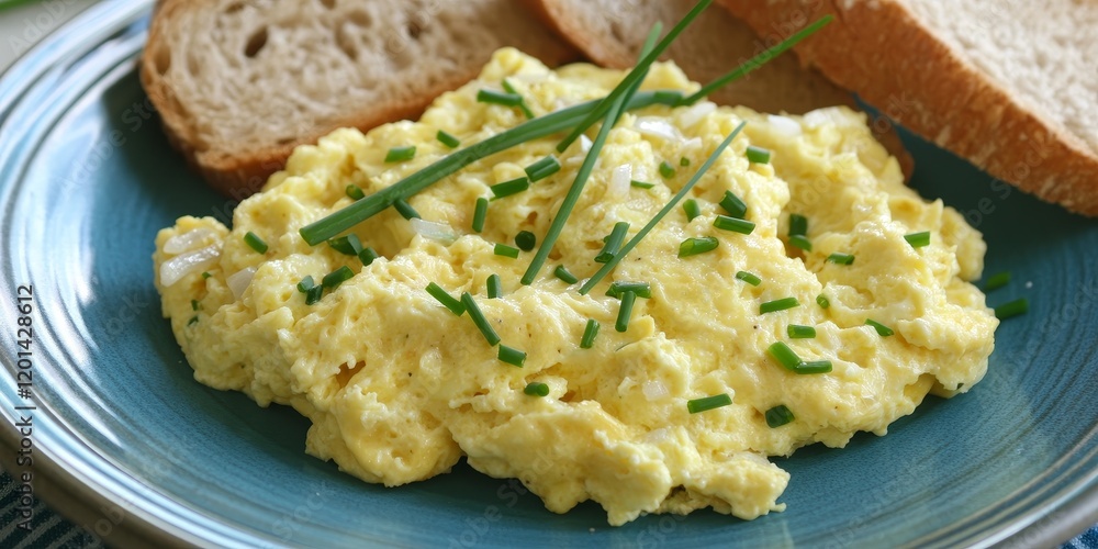 Poster scrambled eggs featuring onion and chives are elegantly served with bread on a blue plate, creating 