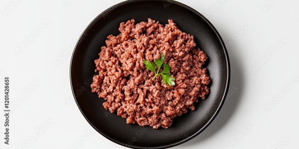 Poster beef mince showcased on a black plate, presented in an isolated setting against a white background. 