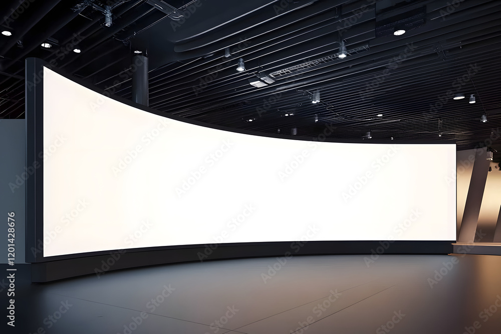 Aufkleber curved blank digital display screen in modern exhibition space with dark ceiling and lighting fixtur