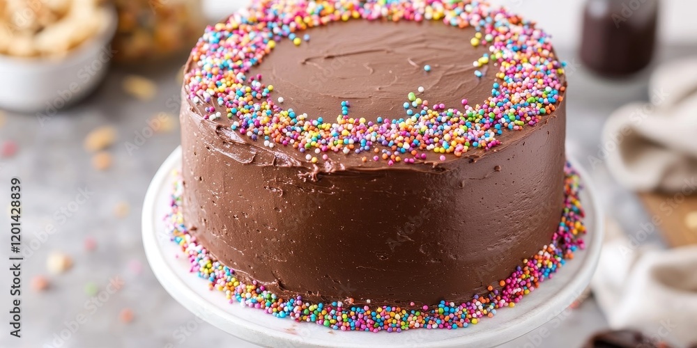 Poster Decorating a chocolate cake with colorful sprinkles on the sides while adding a rich layer of dulce de leche for a delightful finish. The chocolate cake becomes more enticing with these elements.