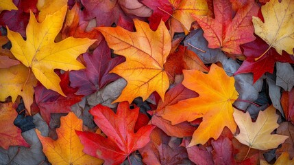 Fototapeta premium Autumn maple leaves rest gently on the ground, creating a vibrant tapestry of color. The beauty of autumn maple leaves captivates and transforms the scenery around them.