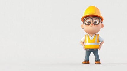 A cartoon construction worker stands confidently in a hard hat and safety vest, set against a plain background.