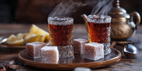 Delight in traditional Turkish lokum served alongside steaming tea, creating a perfect pairing of flavors that embodies the essence of traditional Turkish lokum culture and enjoyment.