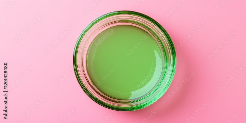 Poster Isolated green circle glass lid on a pink background, creating a variety of abstract patterns that enhance the visual appeal of the green circle glass lid. Perfect for creative concepts.