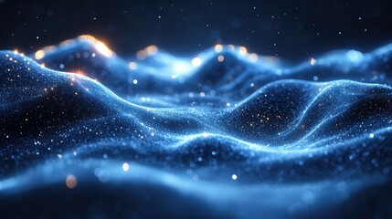 Abstract representation of shimmering waves with glowing particles in a dark, mystical environment