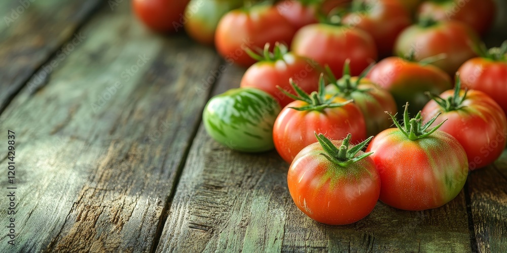 Poster fresh, ripe garden tomatoes rest on a wooden table, showcasing their vibrant colors and textures. th