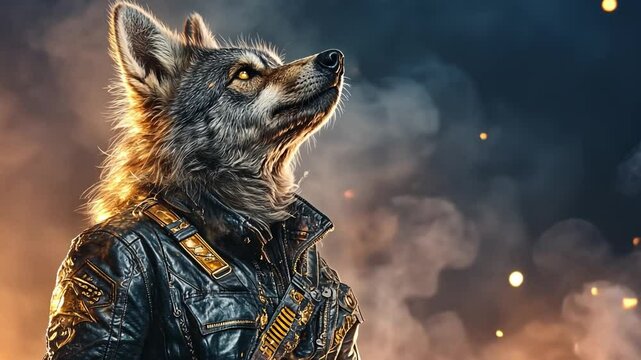Animated wolf character in military attire against a dramatic smoky background