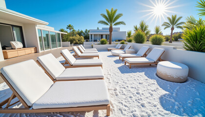 Fototapeta premium Surreal scene of snow-covered sun loungers in tropical resort under bright sunshine