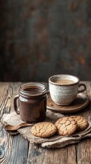 A mug of coffee and a jar of chocolate spread with cookies on a rustic wooden table.