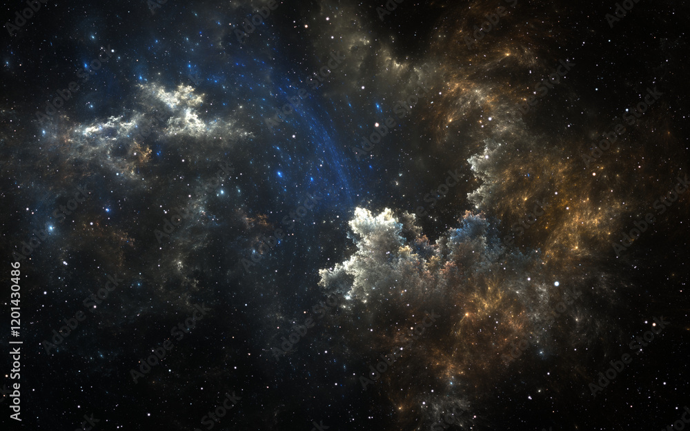 Wall mural fractal space nebula. giant interstellar cloud and stars scattered across the universe. 3d illustrat
