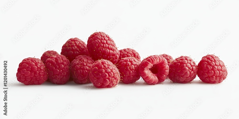 Poster fresh raspberries stand alone against a white backdrop, showcasing their vibrant color and appealing
