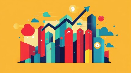 Obraz premium Vibrant and Colorful Abstract Illustration of Rising Graph and Growing Business Progress on Yellow Background