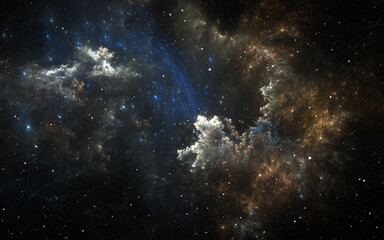 Fractal space nebula. Giant interstellar cloud and stars scattered across the universe. 3D illustration