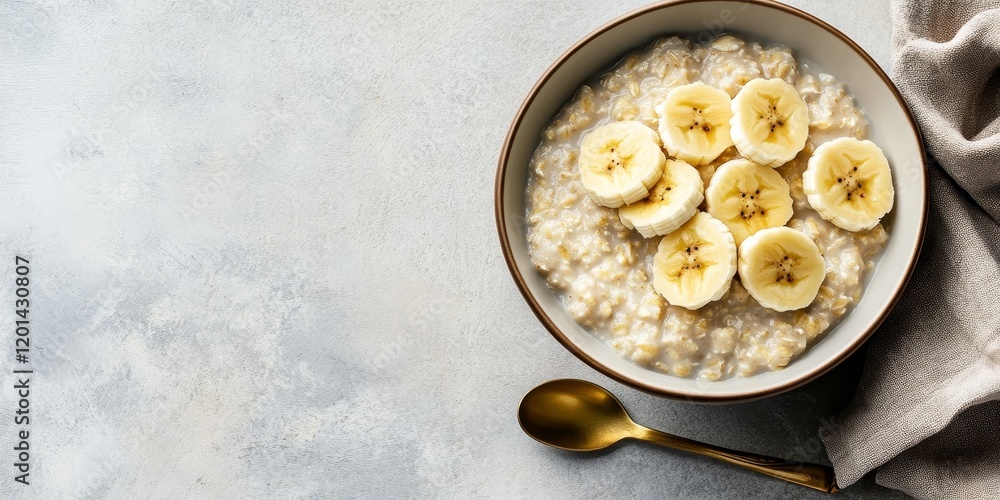 Aufkleber a bowl of oatmeal sits on a light gray stone surface, topped with ripe bananas and accompanied by a 