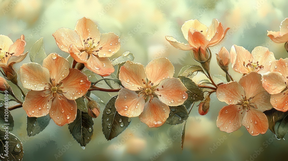 Wall mural Peach blossoms branch with dew drops, soft light.