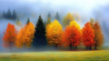 Fototapeta premium Autumnal trees in misty mountain meadow. Peaceful fall landscape for nature calendars