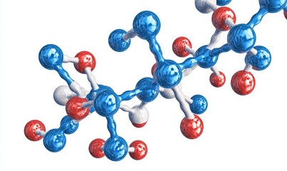 A detailed, intricate representation of a molecular structure highlighted in blue and red hues, symbolizing scientific innovation and technological advancement