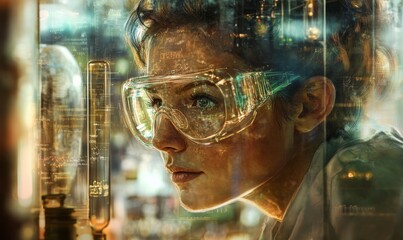 A detailed view of a scientist with safety glasses in a laboratory setting, epitomizing focus and curiosity in scientific exploration, striving for discovery and innovation