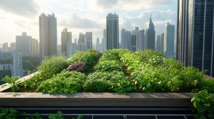 Fototapeta premium A lush rooftop garden filled with greenery contrasts against a backdrop of modern skyscrapers under a bright, cloudy sky.