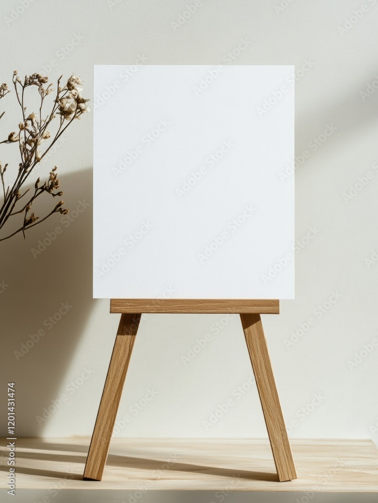 Poster a minimalist easel holds a blank canvas, surrounded by natural elements, creating a serene and inspi