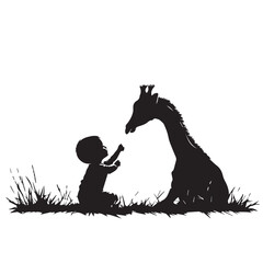 a small giraffe with a child sitting on the grass opposite each other, the boy extended his hand