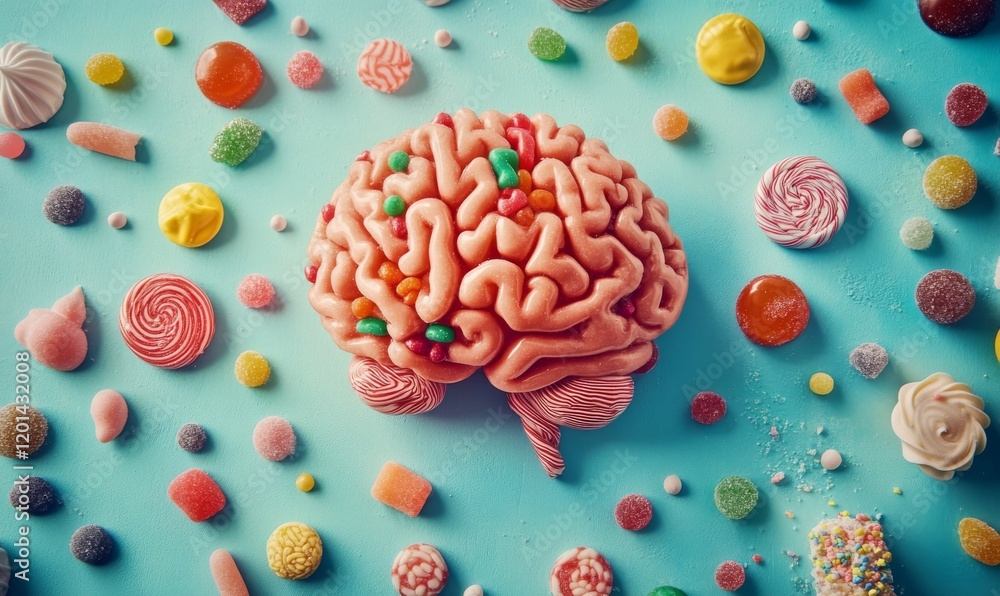 Poster brain made of candy is surrounded by a variety of colorful candies. the image conveys a playful and 