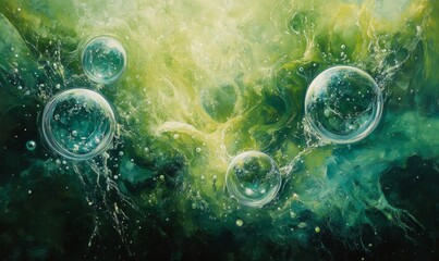 A dynamic scene of four bubbles bursting amidst a spray of green particles.