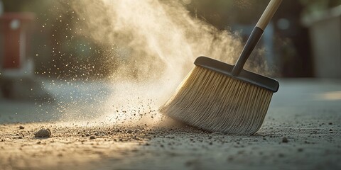 Broom Sweeping Dust on Concrete Floor