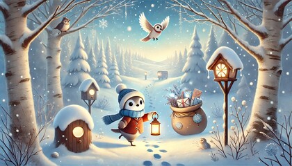 Naklejka premium Whimsical Bird Postman Delivering Enchanted Letters Through a Snowy Forest on a Sunny Winter's Day