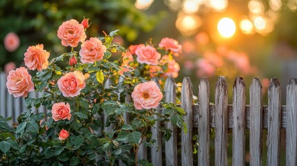 Peach roses blooming at sunset behind a rustic wooden fence.