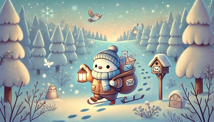 Naklejka premium A Whimsical Bird Postman Delivering Magic Letters in a Snowy Forest Setting Under a Gentle Winter-to-Spring Sky