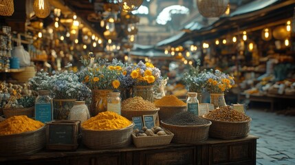 Fototapeta premium Vibrant spice and flower market stall.