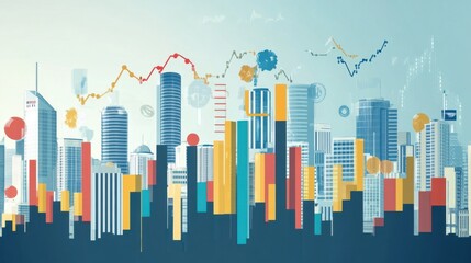 Fototapeta premium Vibrant City Skyline with Financial Graph Elements Illustrating Urban Development and Economic Growth in a Modern Aesthetic Design