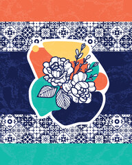 Colorful artistic illustration featuring a bold floral arrangement on abstract shapes and tile patterns. Perfect for decorative, artistic, and design themes inspiring modern and traditional creativity