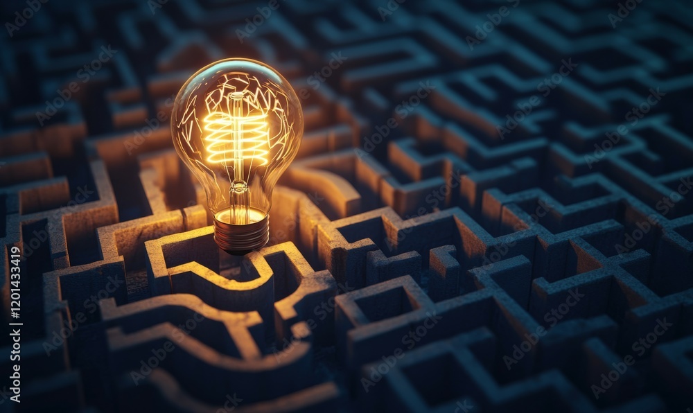 Poster a glowing lightbulb at the center of a maze shaped like a human head, symbolizing the process of sol