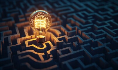 A glowing lightbulb at the center of a maze shaped like a human head, symbolizing the process of solving complex problems and finding clarity