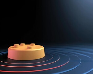 A vibrant orange disc with four pegs sits against a dark background, surrounded by waves of color, suggesting a dynamic interaction.