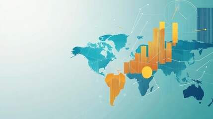 Colorful Global Map with Statistical Graphs Illustrating Economic Growth Trends and Data Analysis for Business and Finance Presentations in a Modern Design